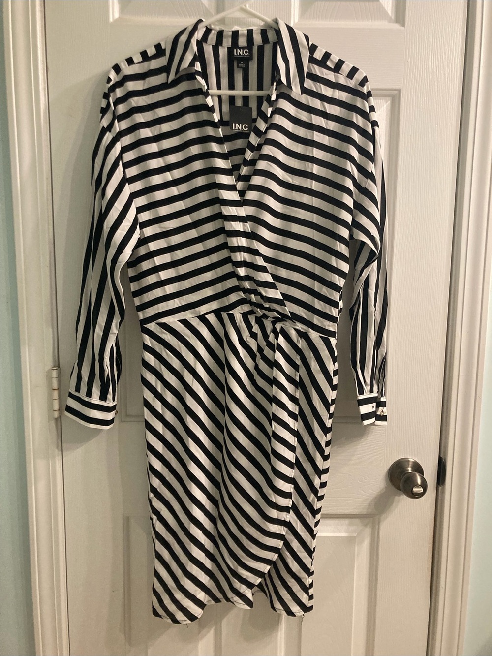 INC International Concepts Black and White Striped Wrap-Style Long Sleeve Dress